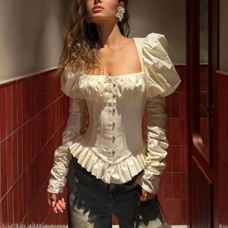 Square Neck Puff Sleeve Corset Peplum Top ODMPOD