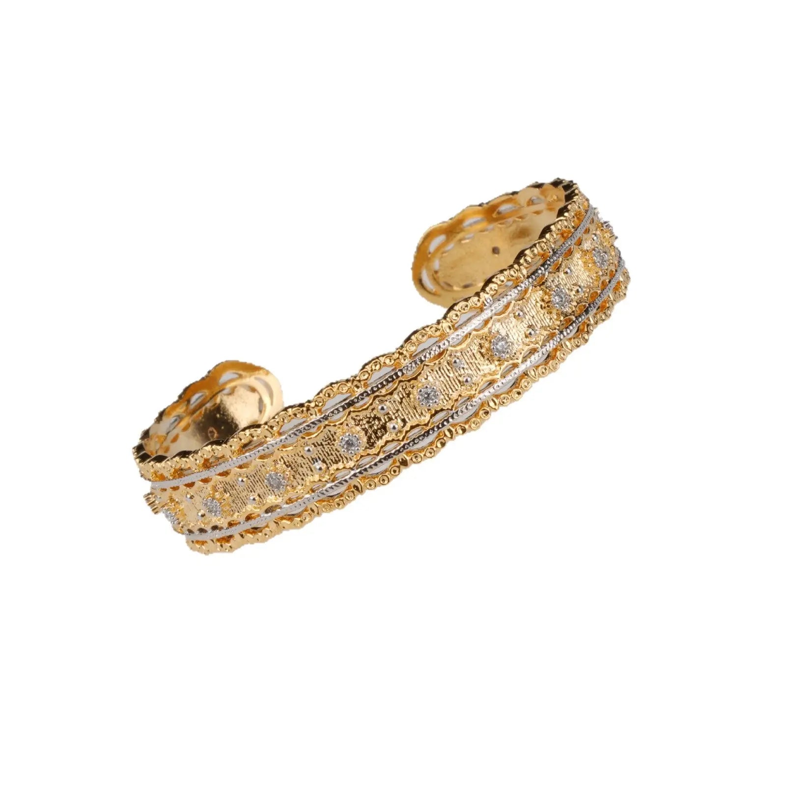 Italian Buccellati Style Bangle, 18K Gold Plated Copper, Wire Drawing Textured Weave Full Zircon Open Cuff Bracelet ODMPOD