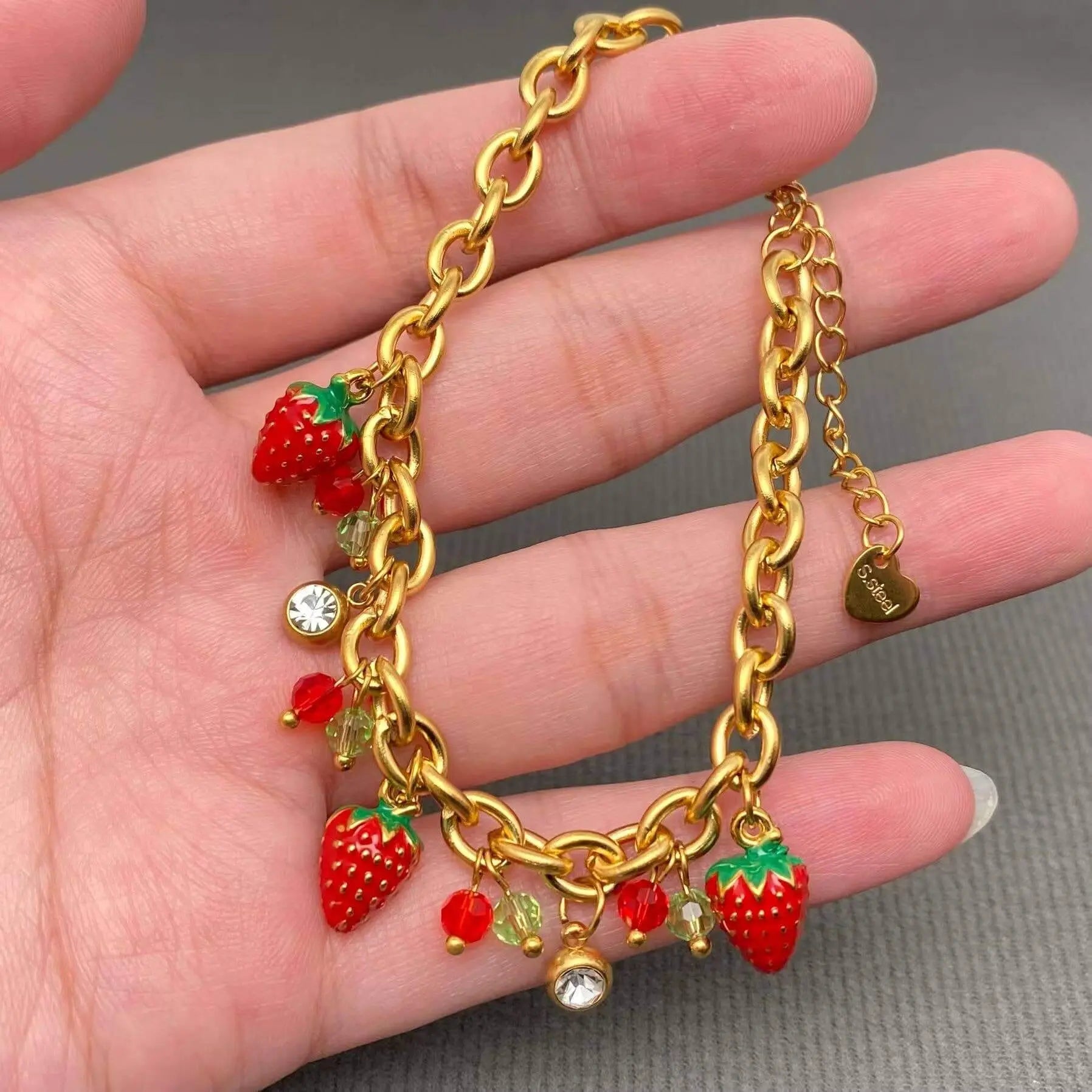 Enamel Strawberry Charm 18K Gold Plated SS Bracelet - FGS Mio Queena