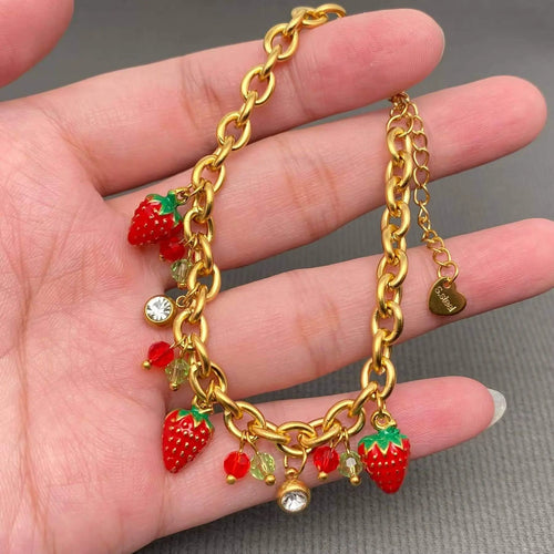 Enamel Strawberry Charm 18K Gold Plated SS Bracelet - FGS Mio Queena