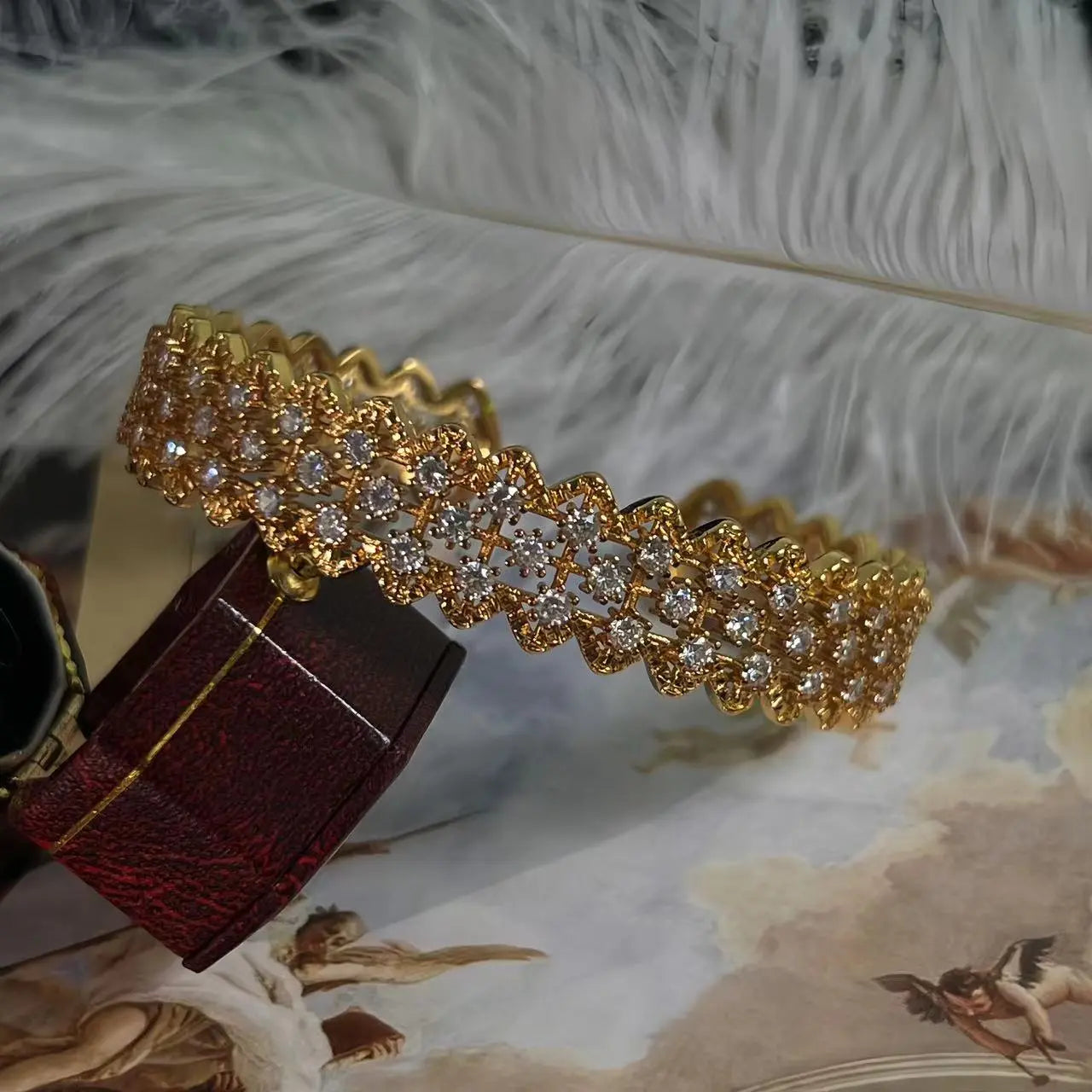 Vintage Italian 18K Gold Plated Buccellati Style Bangle, Retro Heavy Craft Full Diamond Mesh Hollow Out Lace Bracelet ODMPOD