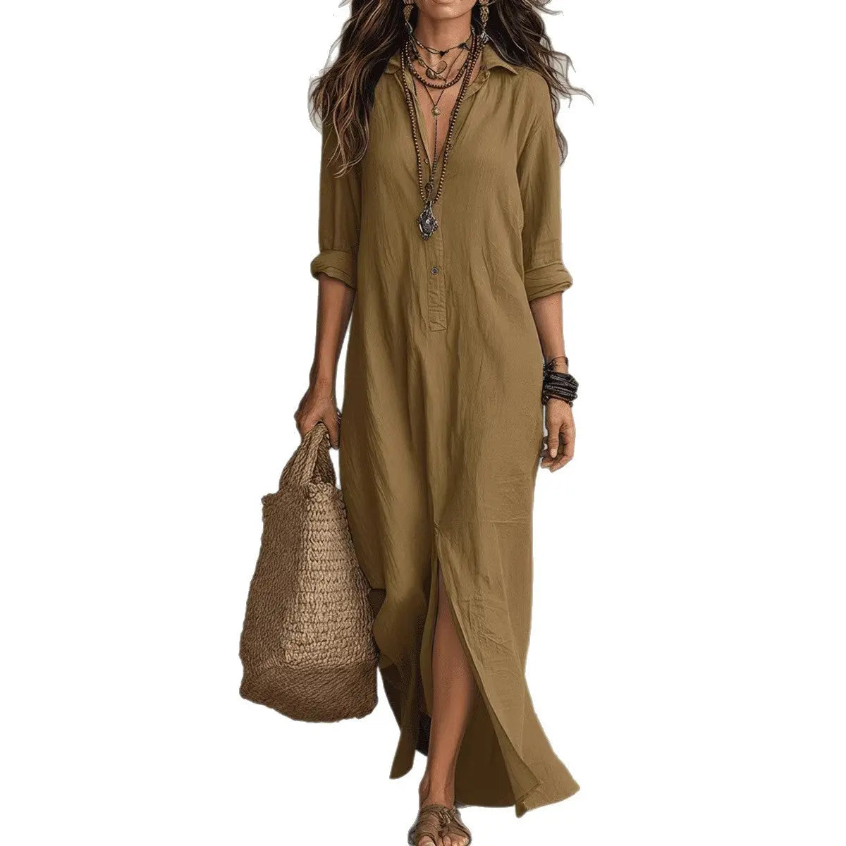 Long-sleeve Maxi Dress Casual Solid Color Lapel Collar Side Slit Beach Dresses Women's Clothing Eternal Bloom Co