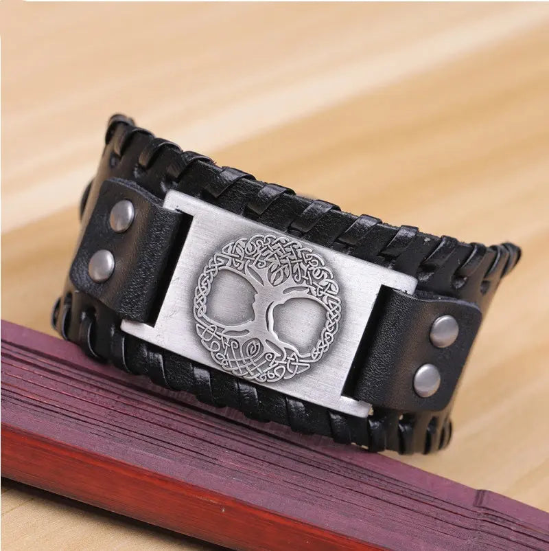Charm Wide Leather Bracelet Men Punk Braided Rope Alloy Cuff Bangle Male Wristband ODMPOD