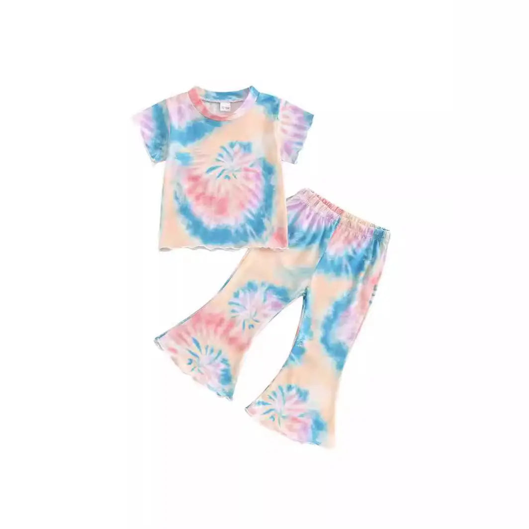 Girls' Tie-dye Peplum Top Bell-bottom Pants Suit ODMPOD
