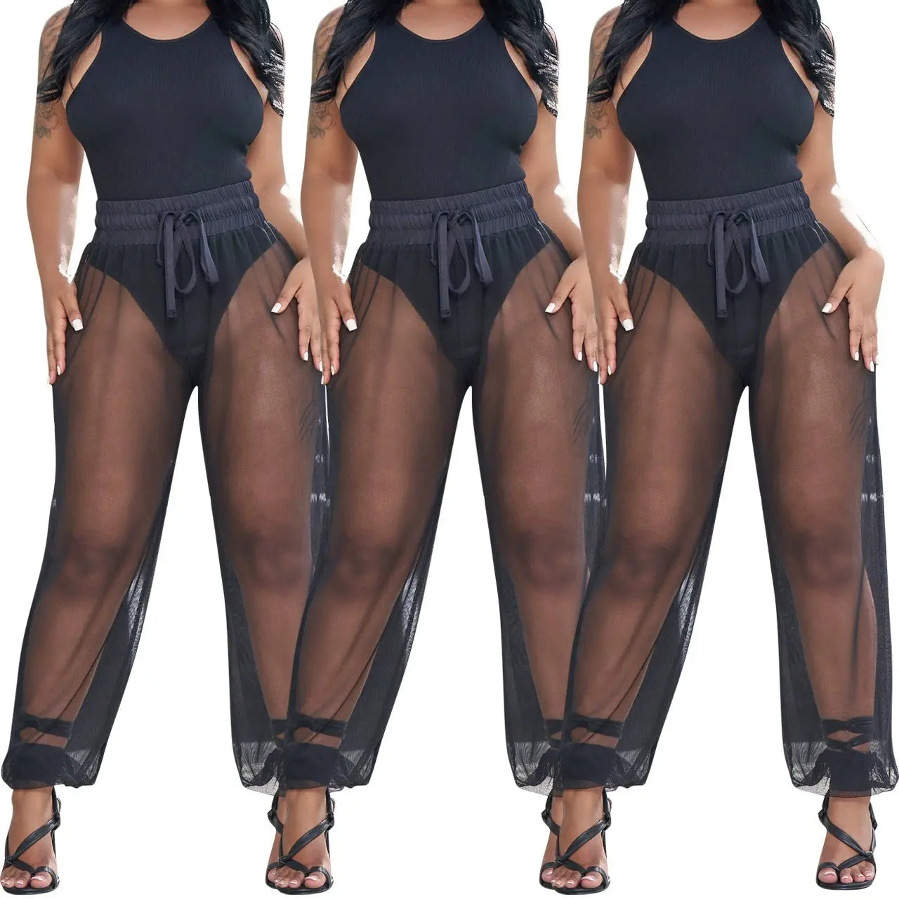 Hole-ribbed Tank Top And Mesh Pants Two-piece Set ODMPOD