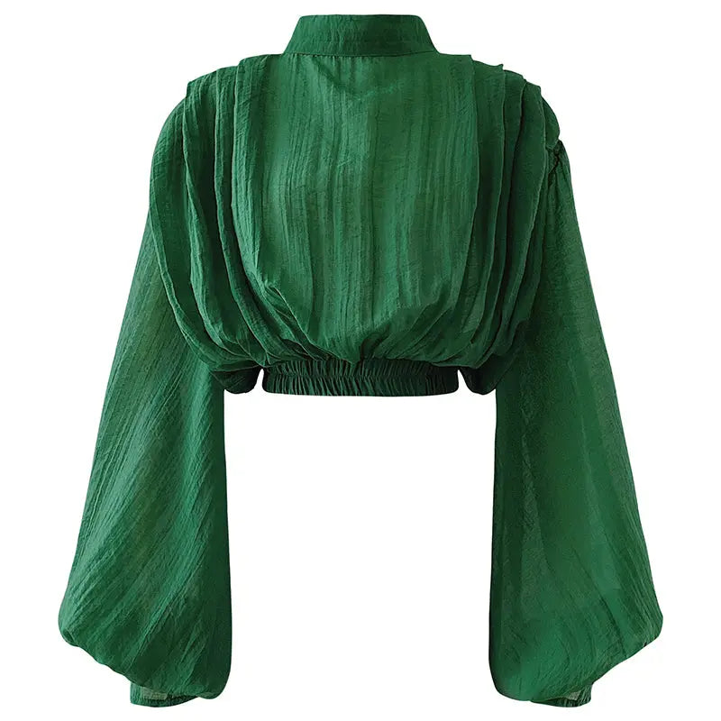 Lantern Sleeve Shirt Stand Collar Long Sleeve Peplum Top ODMPOD