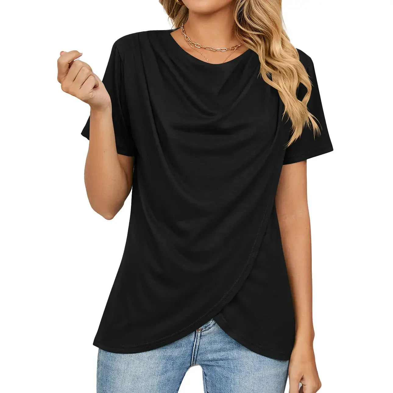 Women's Short-sleeved Round Neck Peplum Top ODMPOD