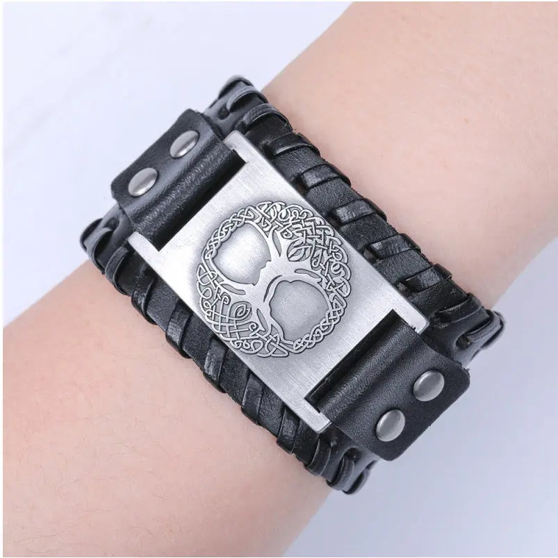 Charm Wide Leather Bracelet Men Punk Braided Rope Alloy Cuff Bangle Male Wristband ODMPOD