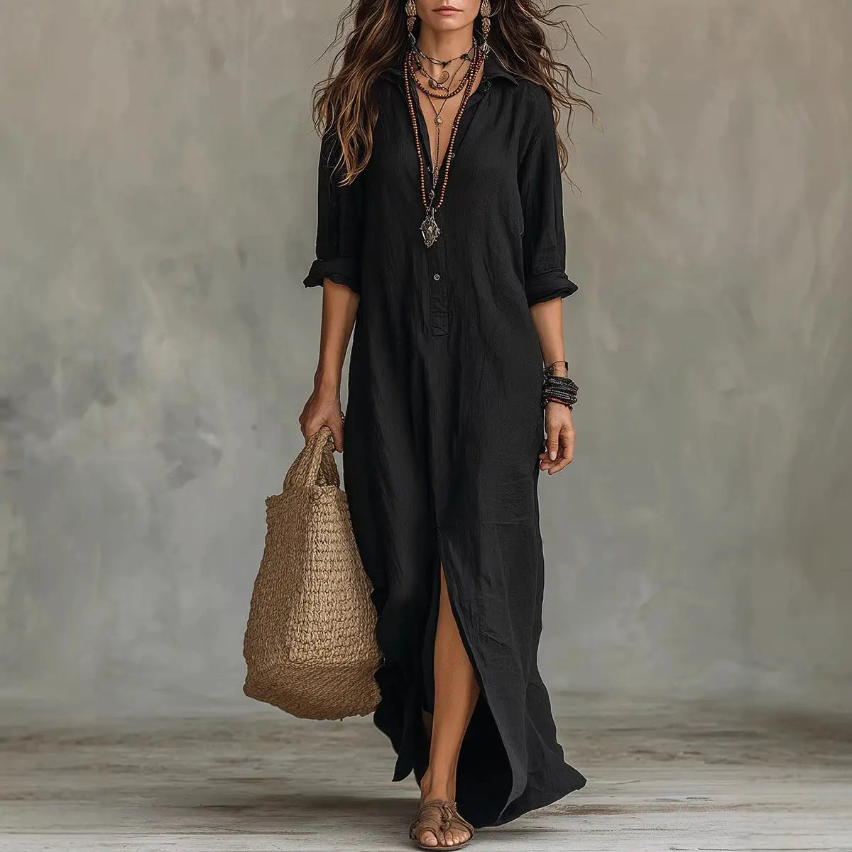 Long-sleeve Maxi Dress Casual Solid Color Lapel Collar Side Slit Beach Dresses Women's Clothing Eternal Bloom Co