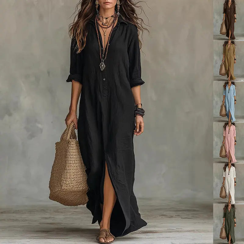 Long-sleeve Maxi Dress Casual Solid Color Lapel Collar Side Slit Beach Dresses Women's Clothing Eternal Bloom Co