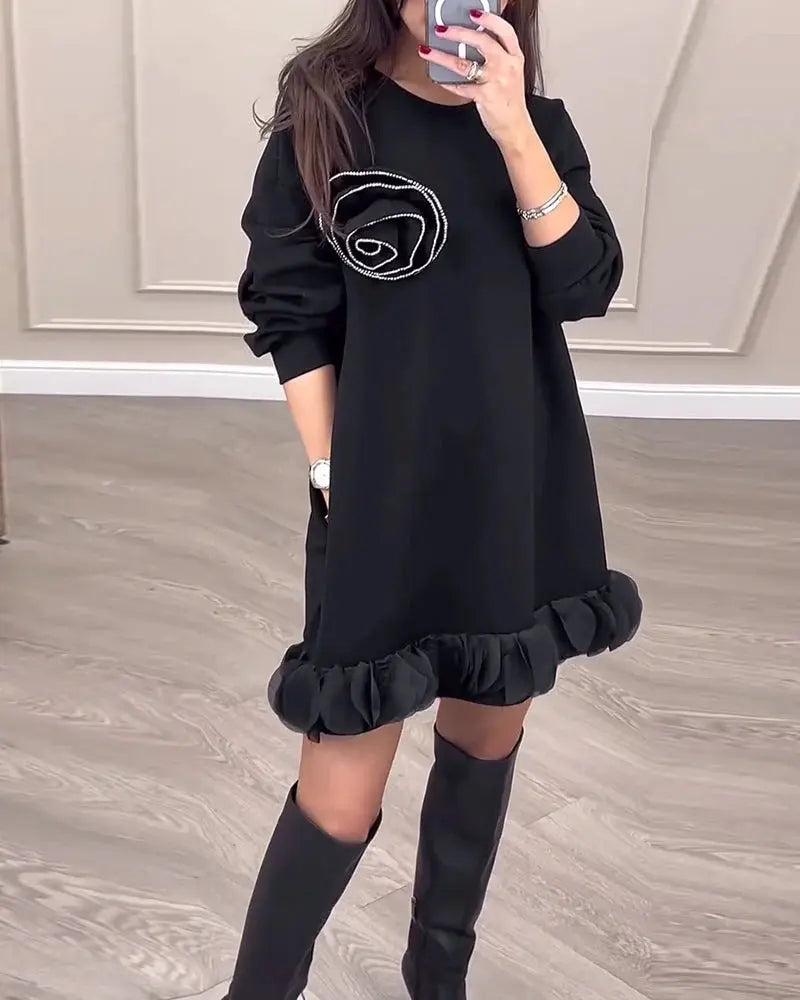 Floral Beaded Peplum Spliced Loose Sweater Dress ODMPOD