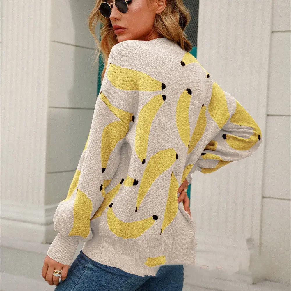 Fruit Pattern Dropped Shoulder Knit Pullover ODMPOD