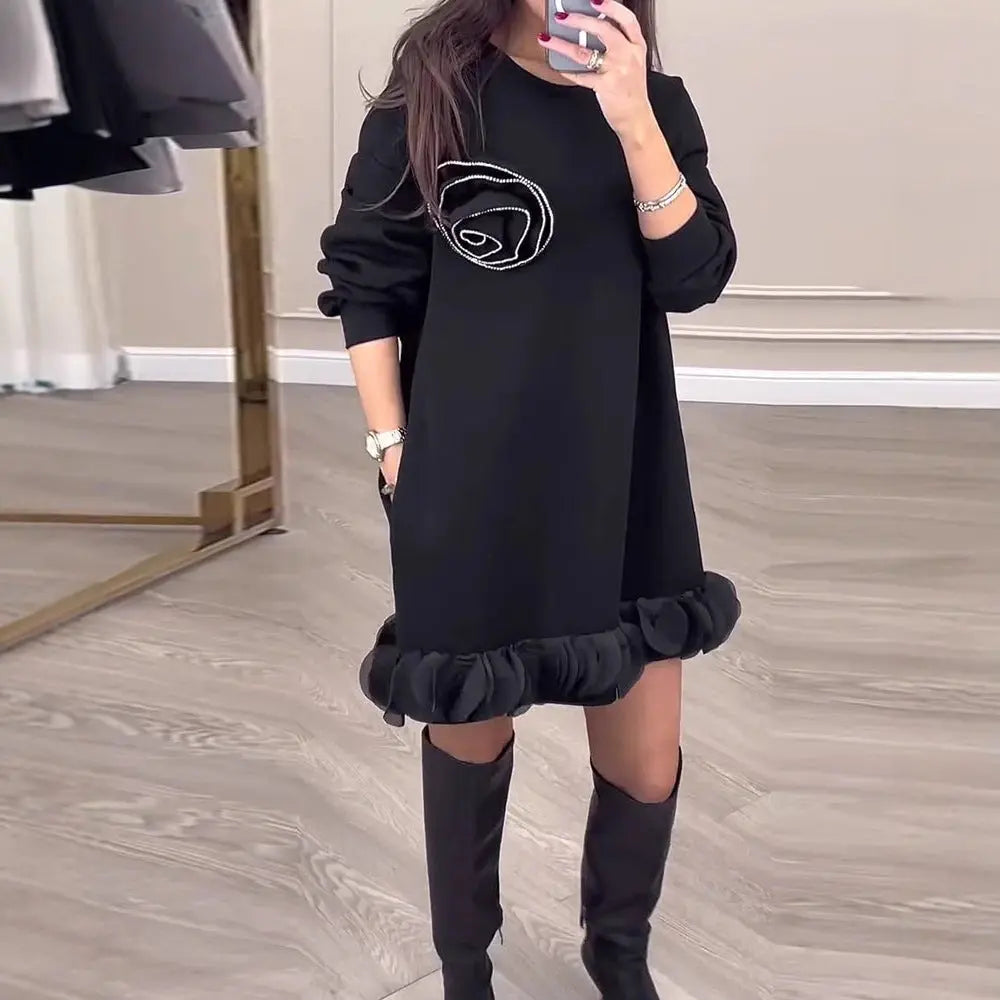 Floral Beaded Peplum Spliced Loose Sweater Dress ODMPOD