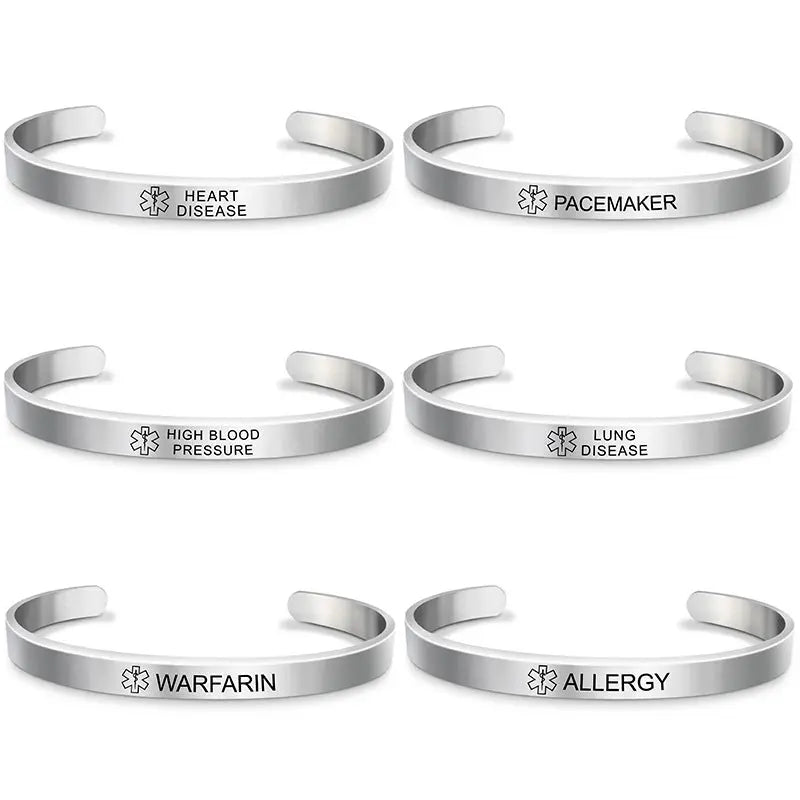 Fashion Silver Plated Medical Alert Cuff Bracelet EPILEPSY Diabetic Allergy Stainless Steel Bangle For Women Men ODMPOD
