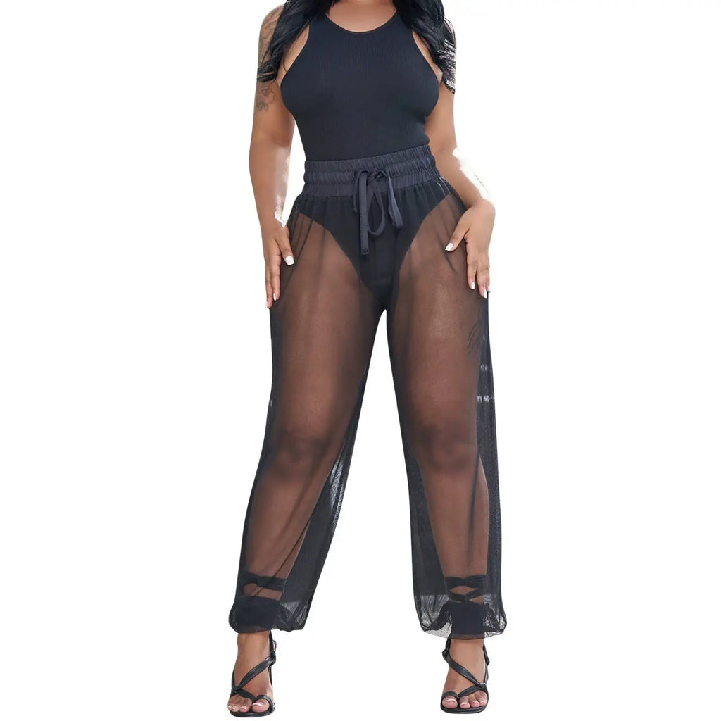 Hole-ribbed Tank Top And Mesh Pants Two-piece Set ODMPOD