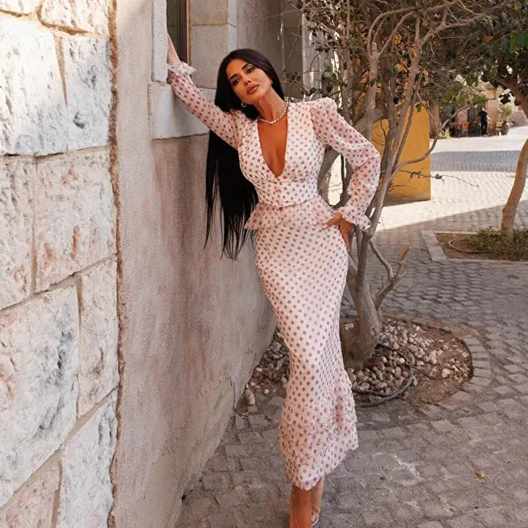 Cross Print Two-Piece Peplum Set ODMPOD