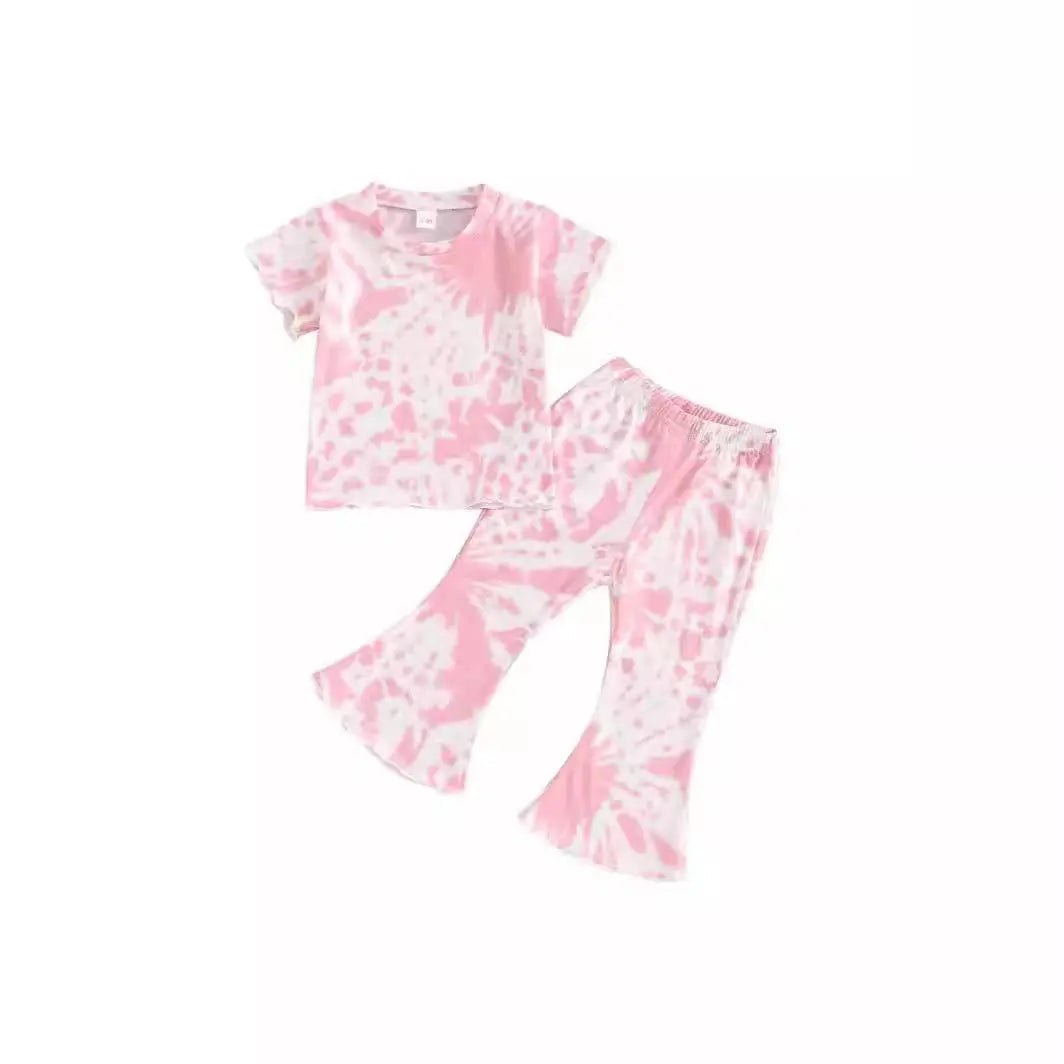 Girls' Tie-dye Peplum Top Bell-bottom Pants Suit ODMPOD