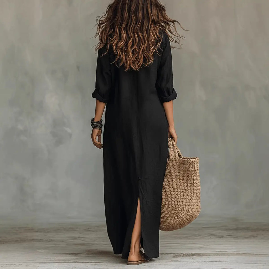 Long-sleeve Maxi Dress Casual Solid Color Lapel Collar Side Slit Beach Dresses Women's Clothing Eternal Bloom Co
