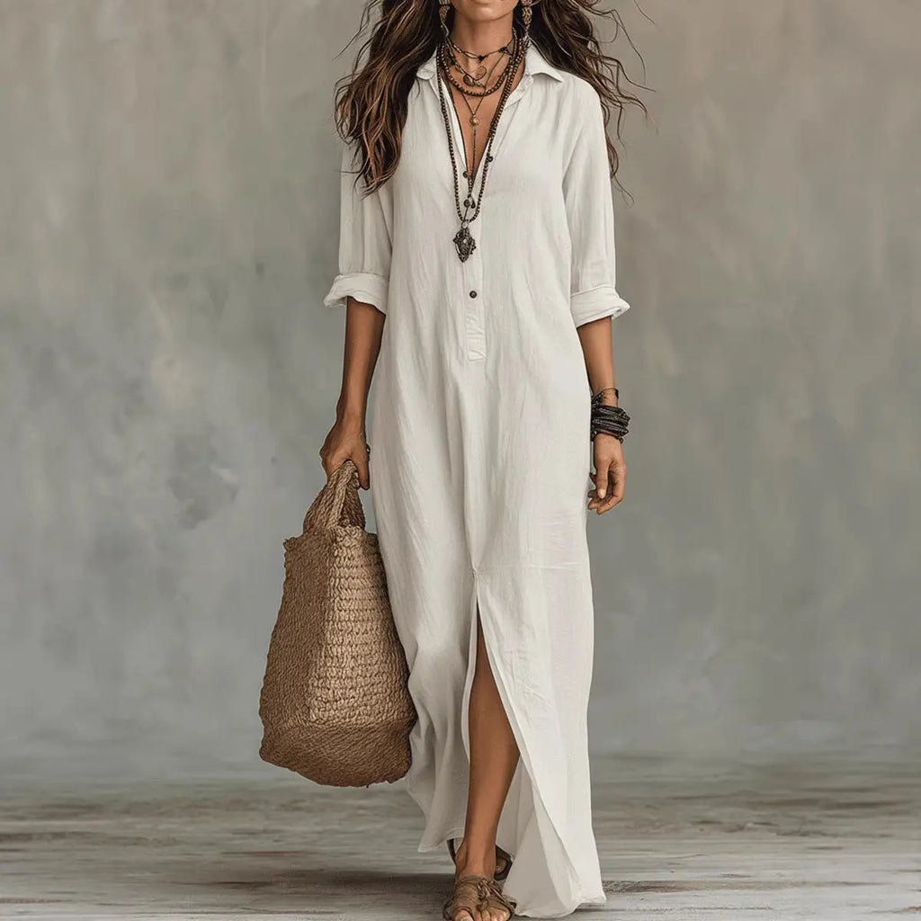 Long-sleeve Maxi Dress Casual Solid Color Lapel Collar Side Slit Beach Dresses Women's Clothing Eternal Bloom Co