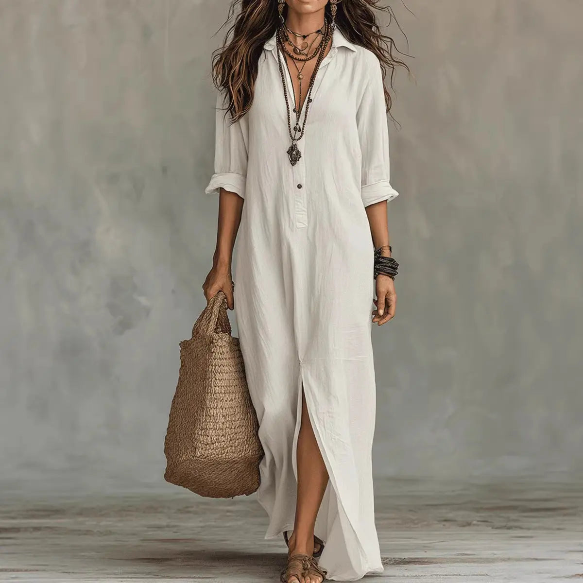 Long-sleeve Maxi Dress Casual Solid Color Lapel Collar Side Slit Beach Dresses Women's Clothing Eternal Bloom Co