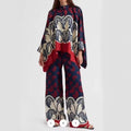 Printed Patchwork Peplum Shirt And Wide-Leg Pants Set ODMPOD