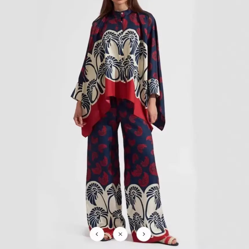 Printed Patchwork Peplum Shirt And Wide-Leg Pants Set ODMPOD