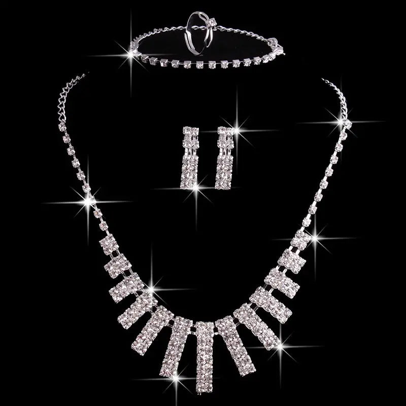 4 Pieces Rhinestones Necklace Set With Earrings Ring And Bracelet Fashion Jewelry For Women Eternal Bloom Co