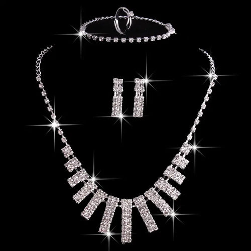 4 Pieces Rhinestones Necklace Set With Earrings Ring And Bracelet Fashion Jewelry For Women Eternal Bloom Co