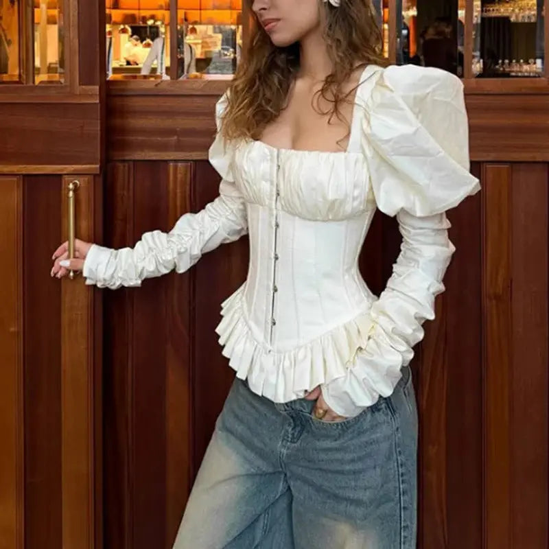 Square Neck Puff Sleeve Corset Peplum Top ODMPOD