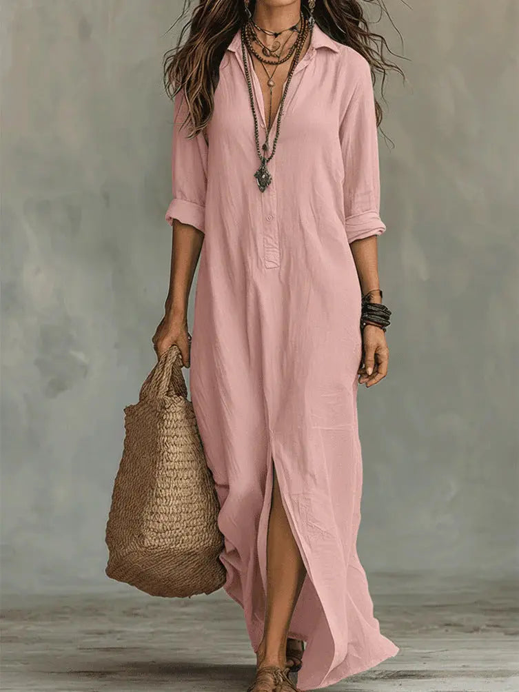 Long-sleeve Maxi Dress Casual Solid Color Lapel Collar Side Slit Beach Dresses Women's Clothing Eternal Bloom Co