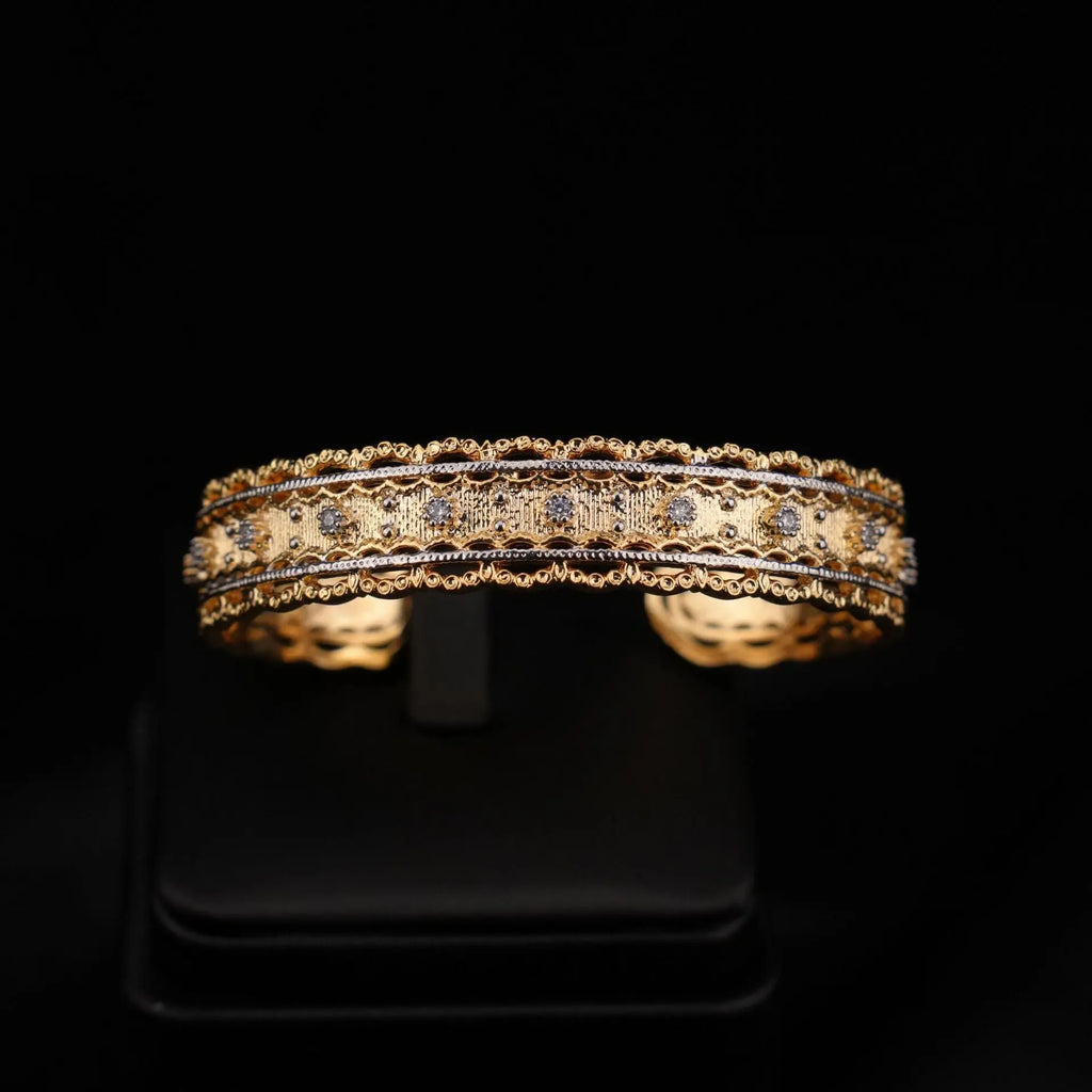 Italian Buccellati Style Bangle, 18K Gold Plated Copper, Wire Drawing Textured Weave Full Zircon Open Cuff Bracelet ODMPOD