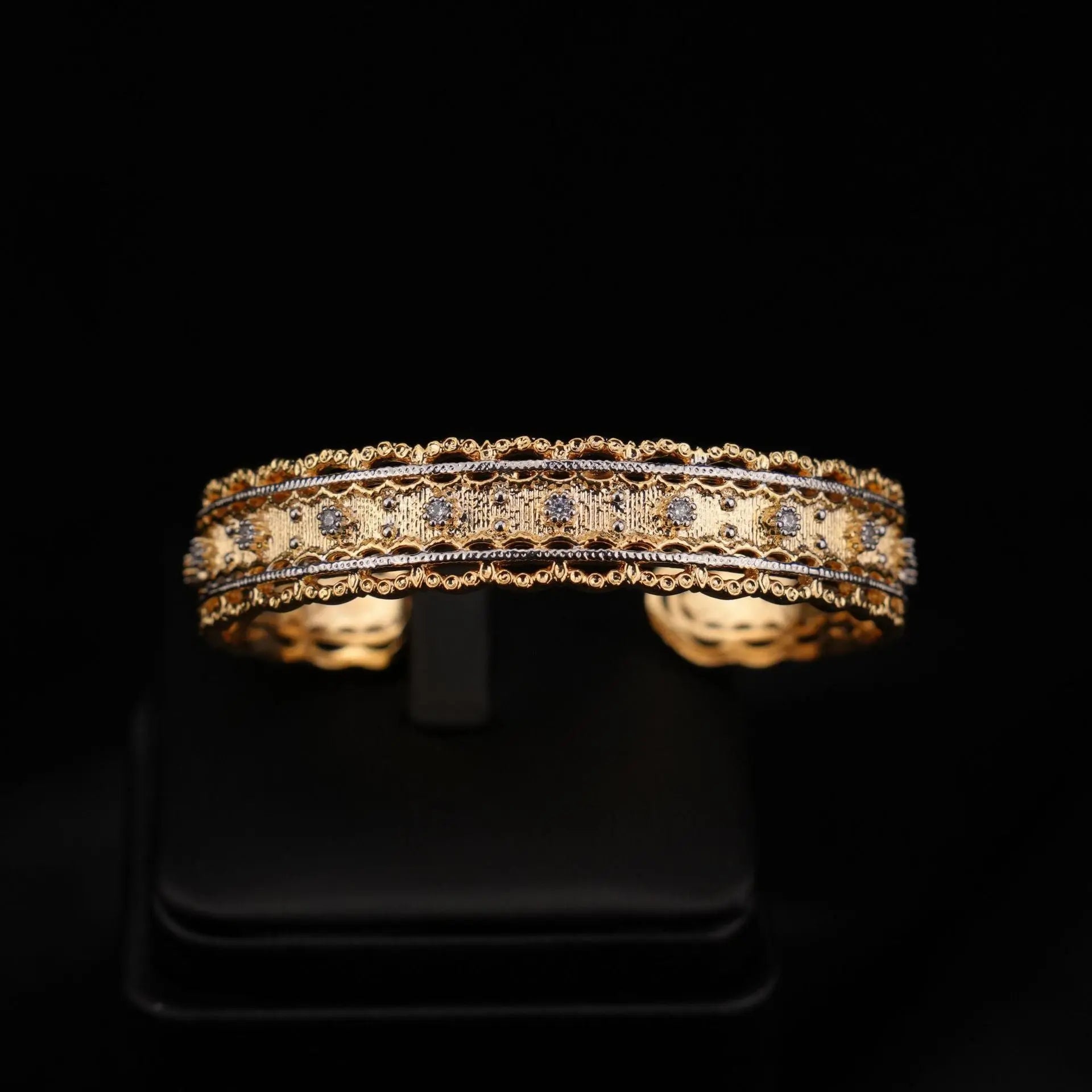 Italian Buccellati Style Bangle, 18K Gold Plated Copper, Wire Drawing Textured Weave Full Zircon Open Cuff Bracelet ODMPOD