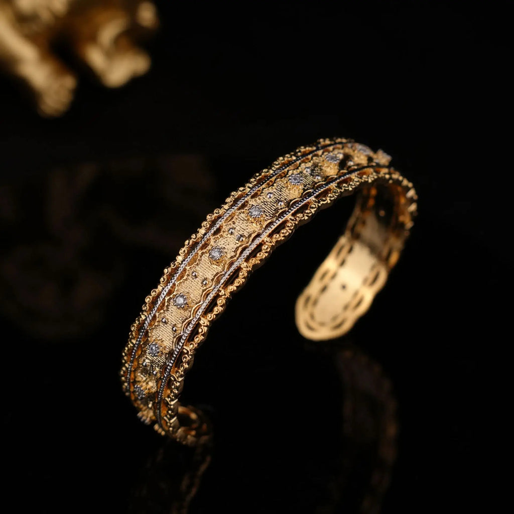 Italian Buccellati Style Bangle, 18K Gold Plated Copper, Wire Drawing Textured Weave Full Zircon Open Cuff Bracelet ODMPOD