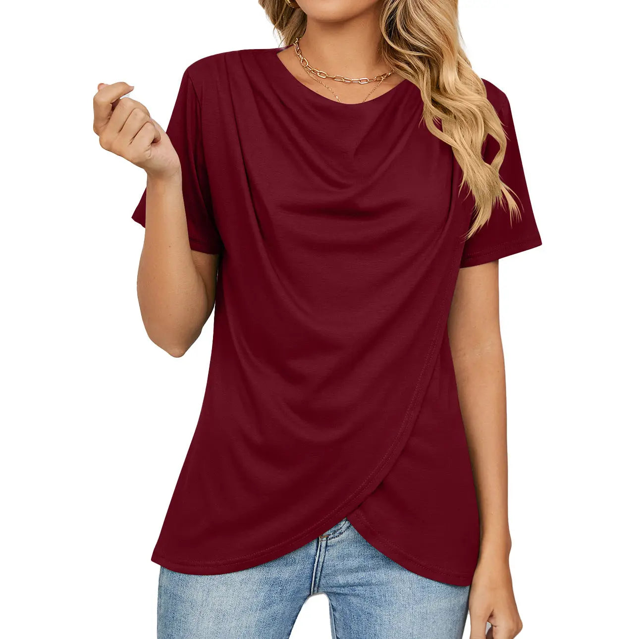 Women's Short-sleeved Round Neck Peplum Top ODMPOD