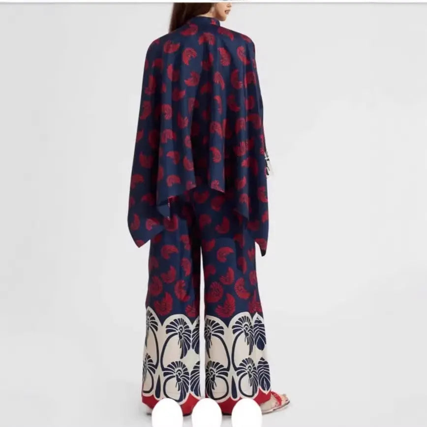 Printed Patchwork Peplum Shirt And Wide-Leg Pants Set ODMPOD