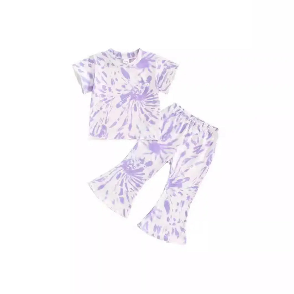 Girls' Tie-dye Peplum Top Bell-bottom Pants Suit ODMPOD