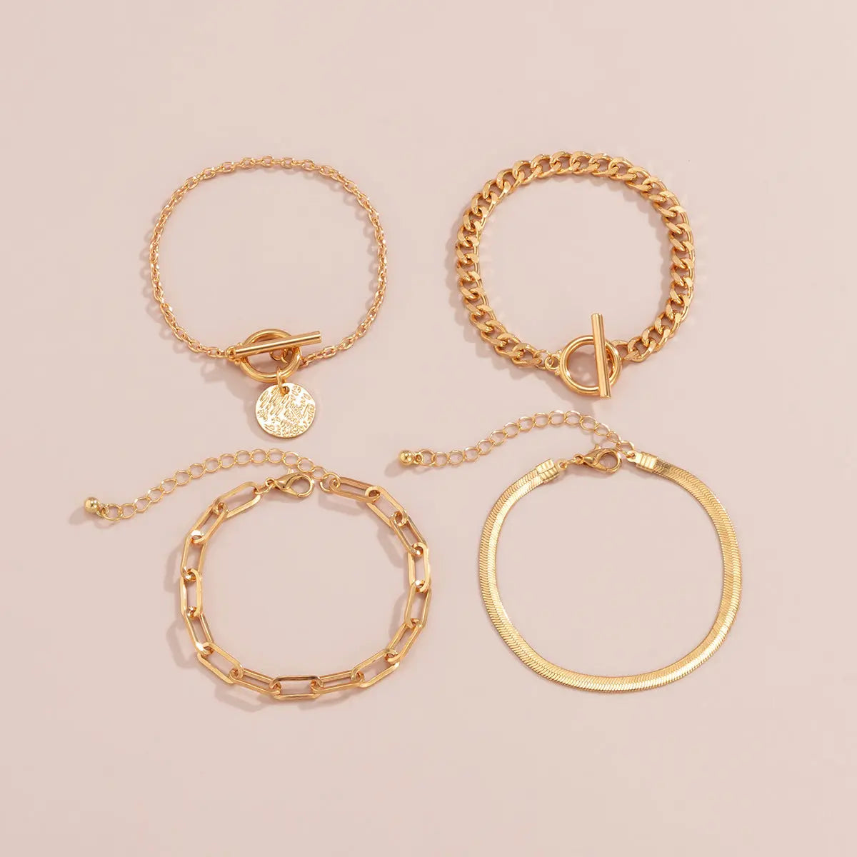 Punk Metal Chain Bracelet 4-Piece Set  Hollow Geometric Flat Snake Bone Cuff  Edgy Hip-Hop Jewelry In Gold & Silver ODMPOD