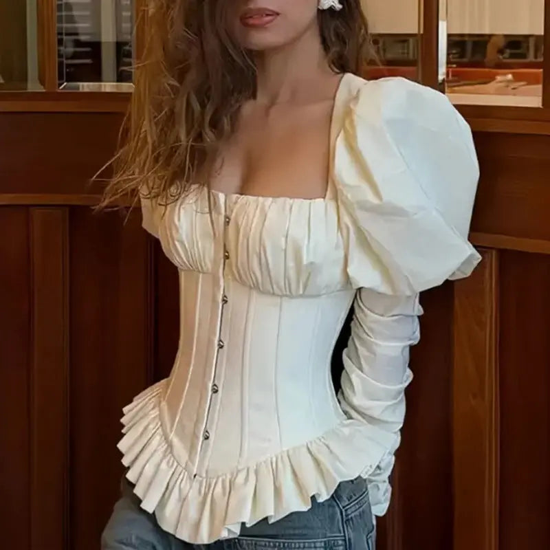 Square Neck Puff Sleeve Corset Peplum Top ODMPOD