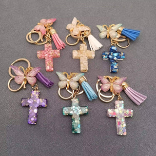 Resin Cross Butterfly Charm Tassel Keychain Bag Ornaments