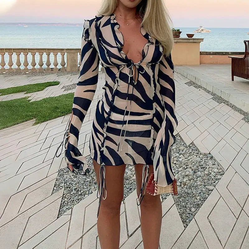 Floral Print Long Sleeve Peplum Mesh Tight Bandage See Through Dress ODMPOD