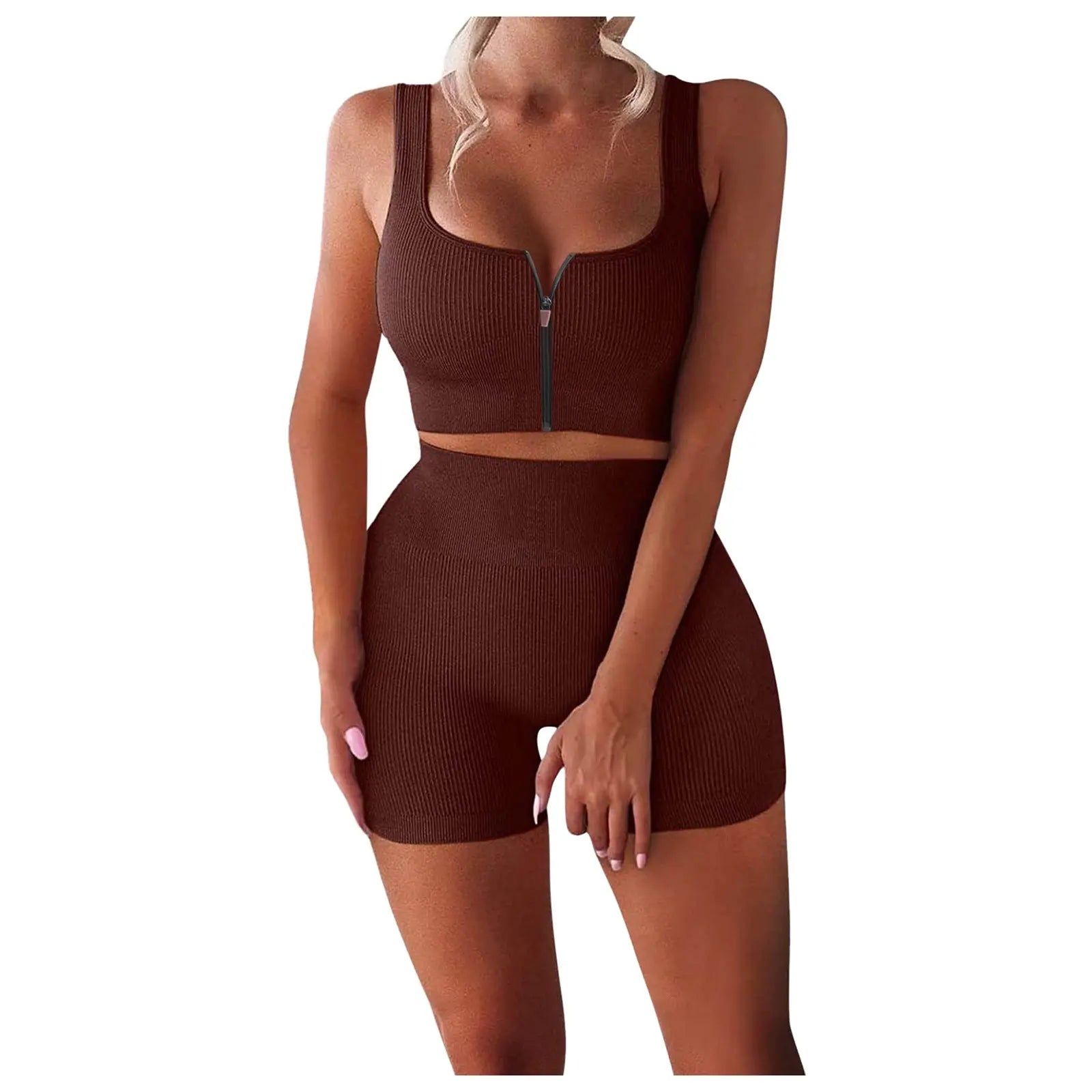 Two-piece Suit Ribbed Zipper Tank Top High Waist Shorts Yoga Suit ODMPOD