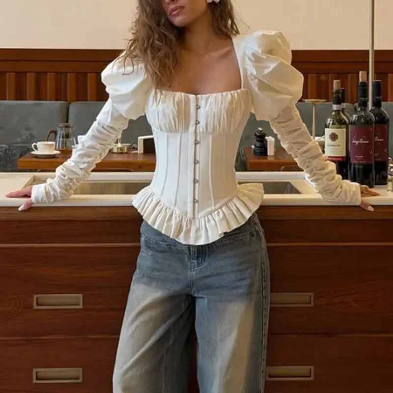 Square Neck Puff Sleeve Corset Peplum Top ODMPOD