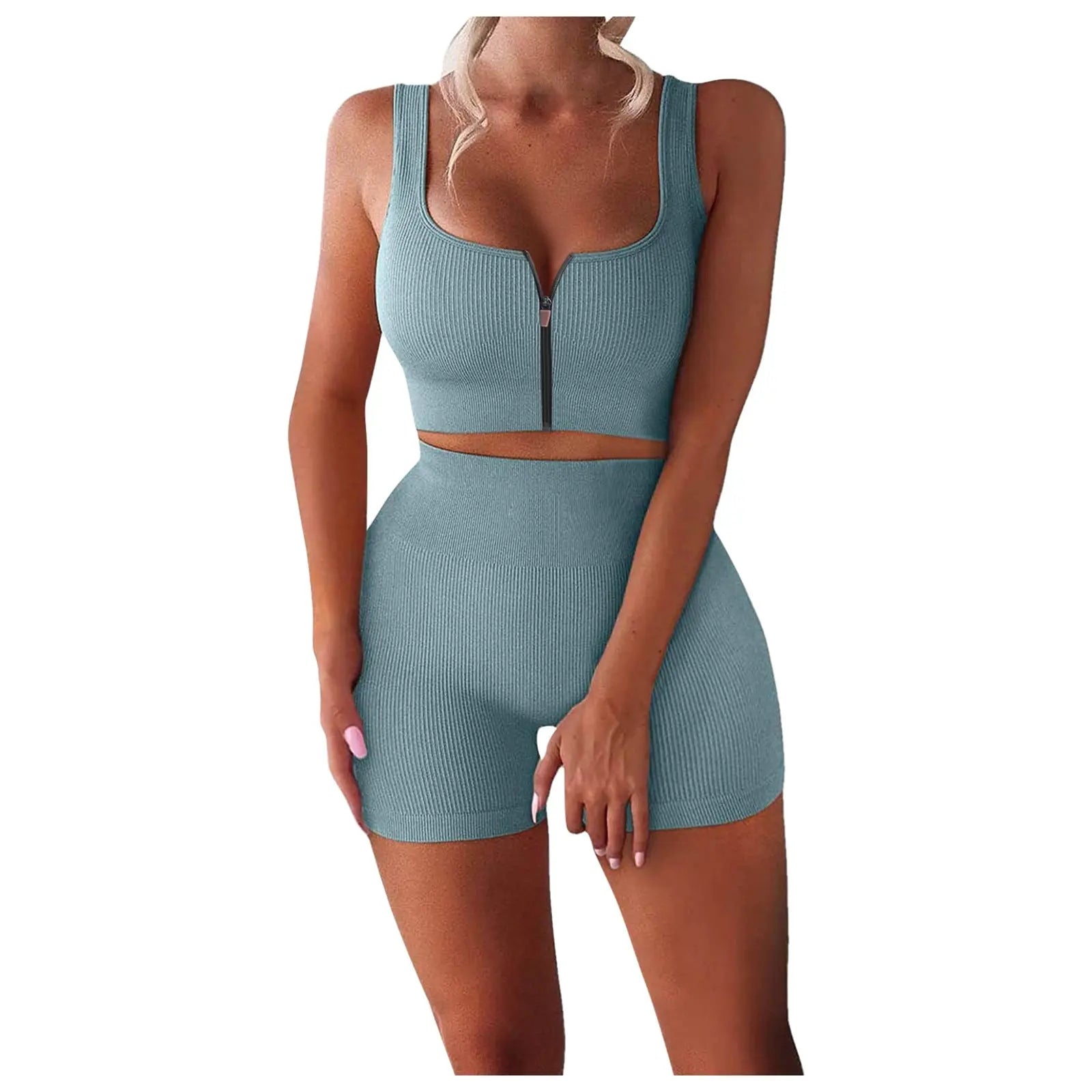 Two-piece Suit Ribbed Zipper Tank Top High Waist Shorts Yoga Suit ODMPOD