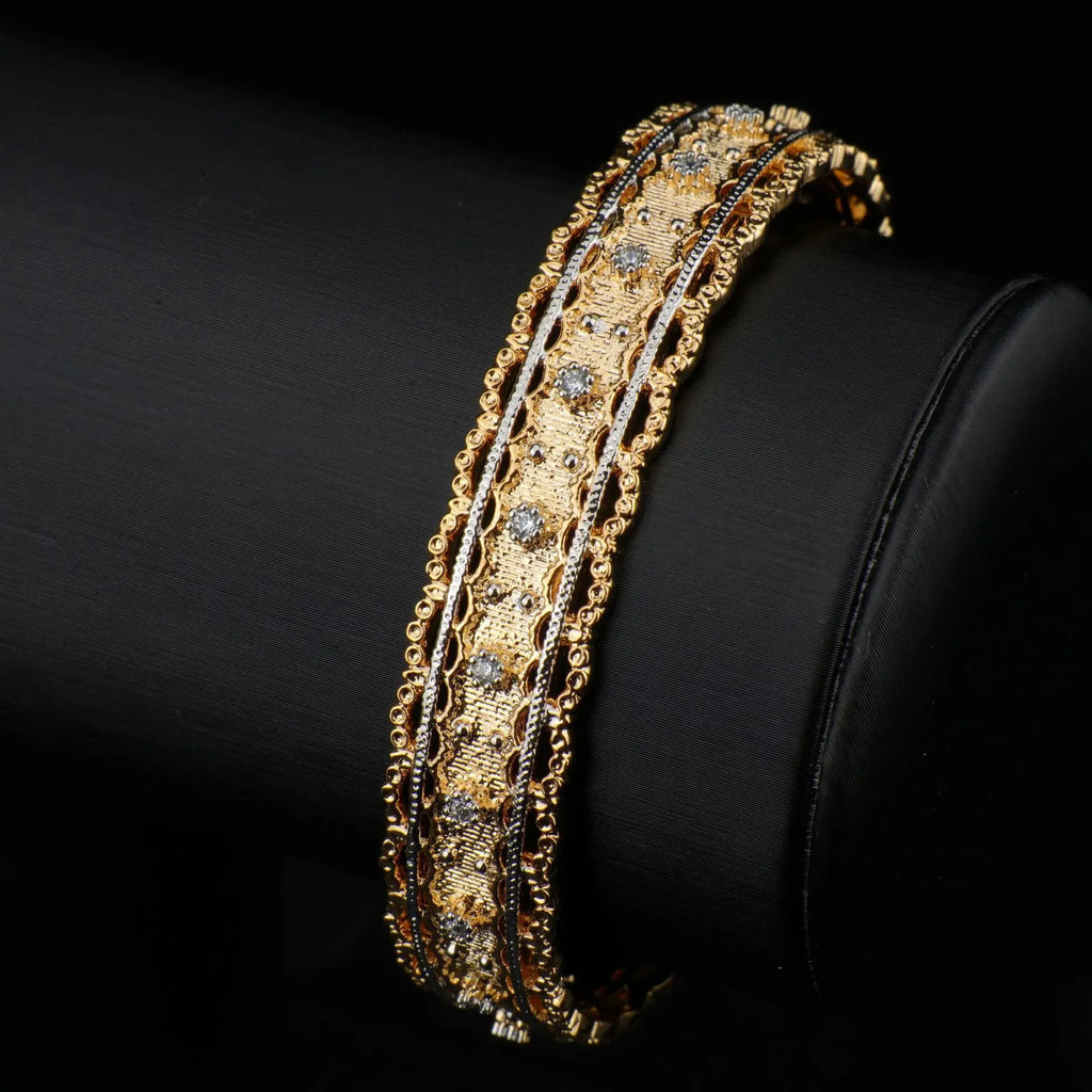 Italian Buccellati Style Bangle, 18K Gold Plated Copper, Wire Drawing Textured Weave Full Zircon Open Cuff Bracelet ODMPOD