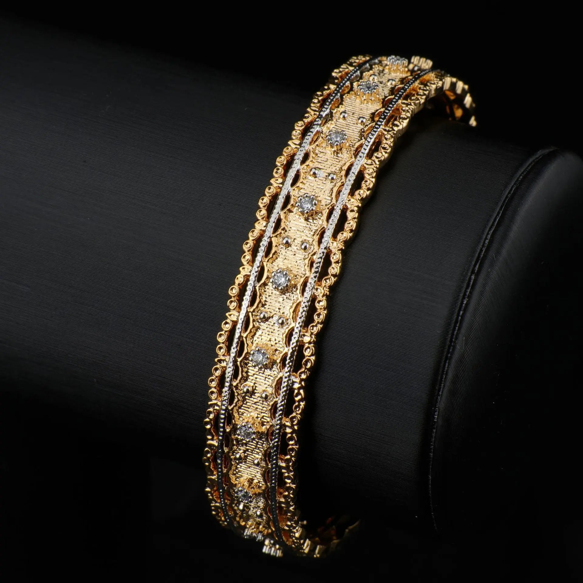 Italian Buccellati Style Bangle, 18K Gold Plated Copper, Wire Drawing Textured Weave Full Zircon Open Cuff Bracelet ODMPOD