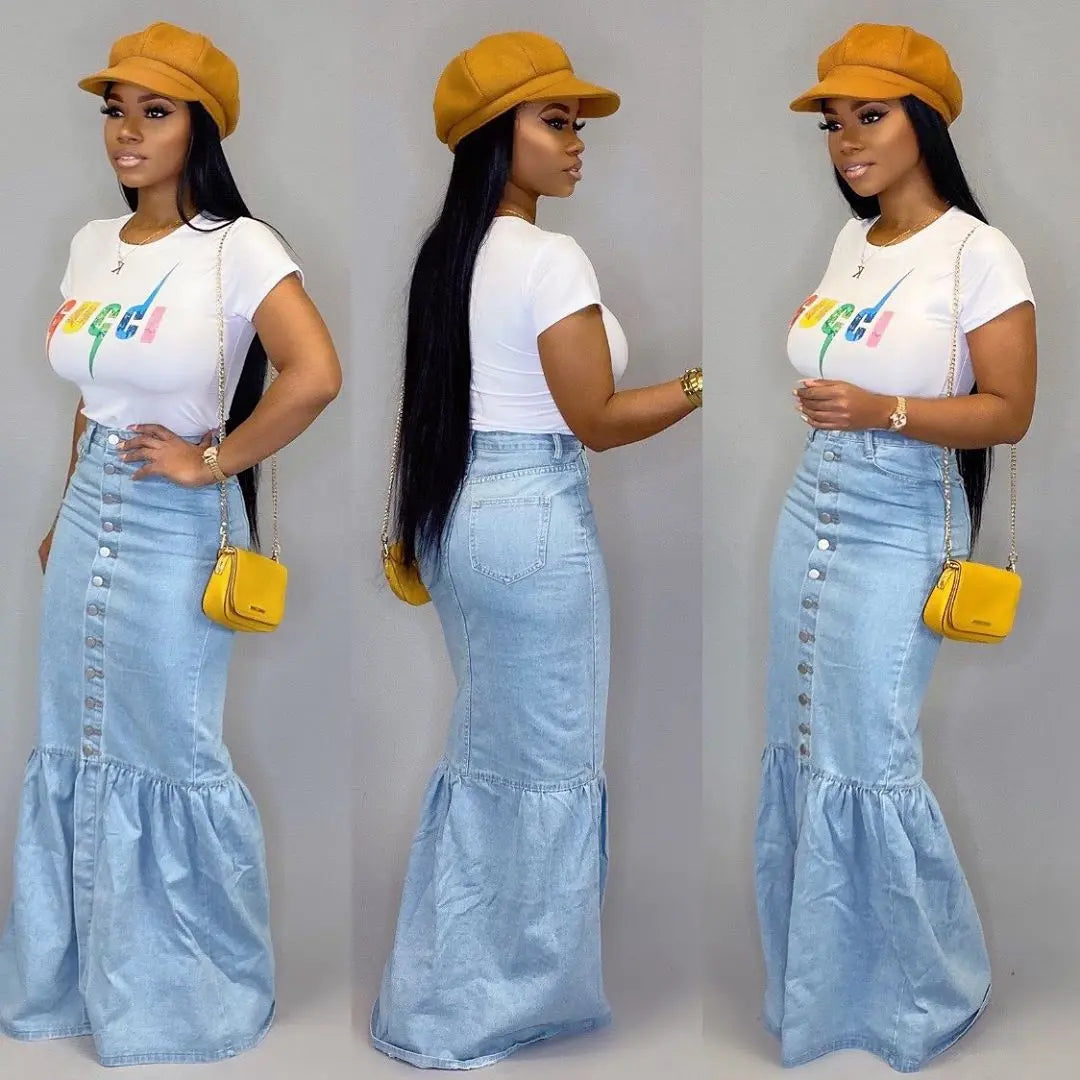 Women's Slim-fit Peplum Patchwork Denim Skirt ODMPOD