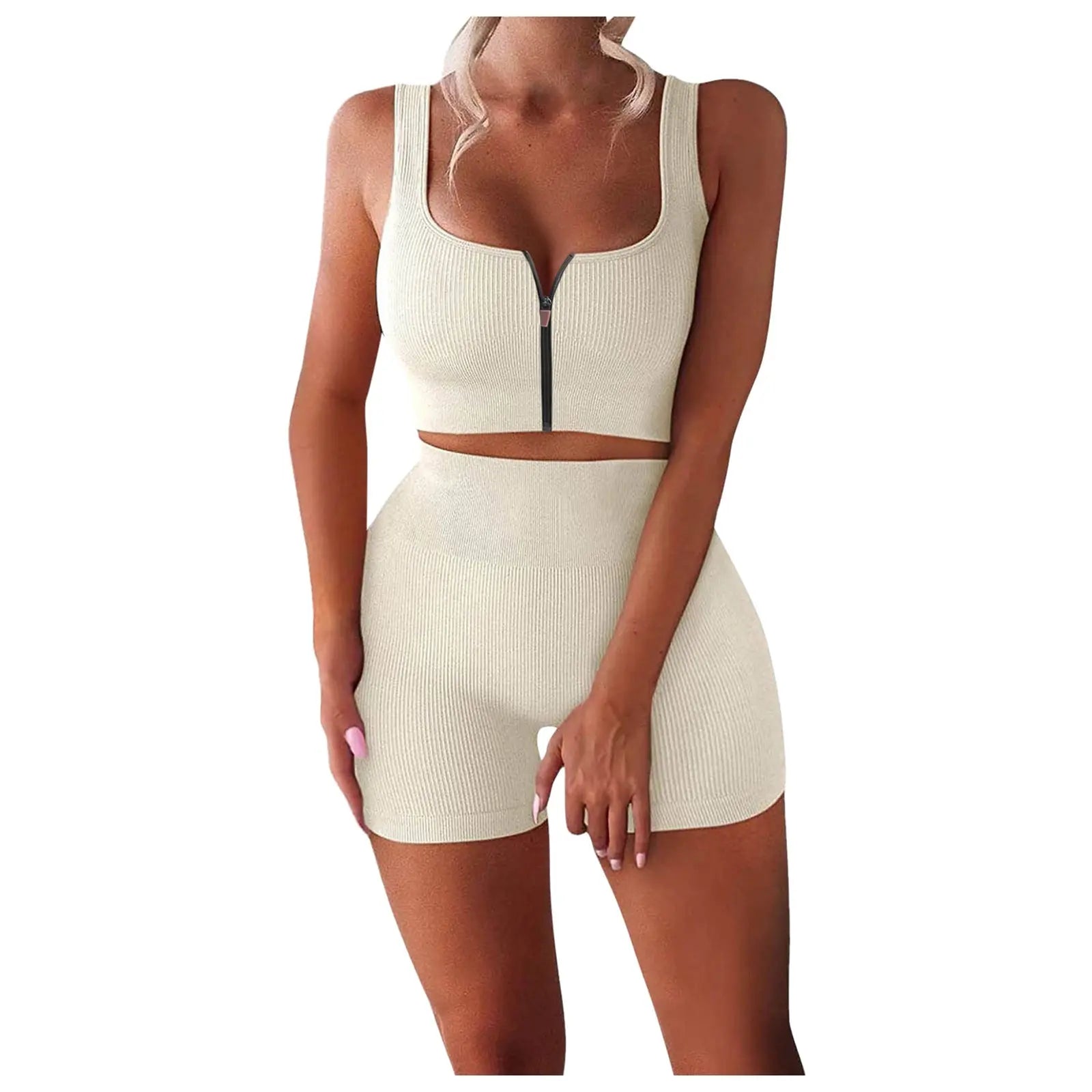 Two-piece Suit Ribbed Zipper Tank Top High Waist Shorts Yoga Suit ODMPOD