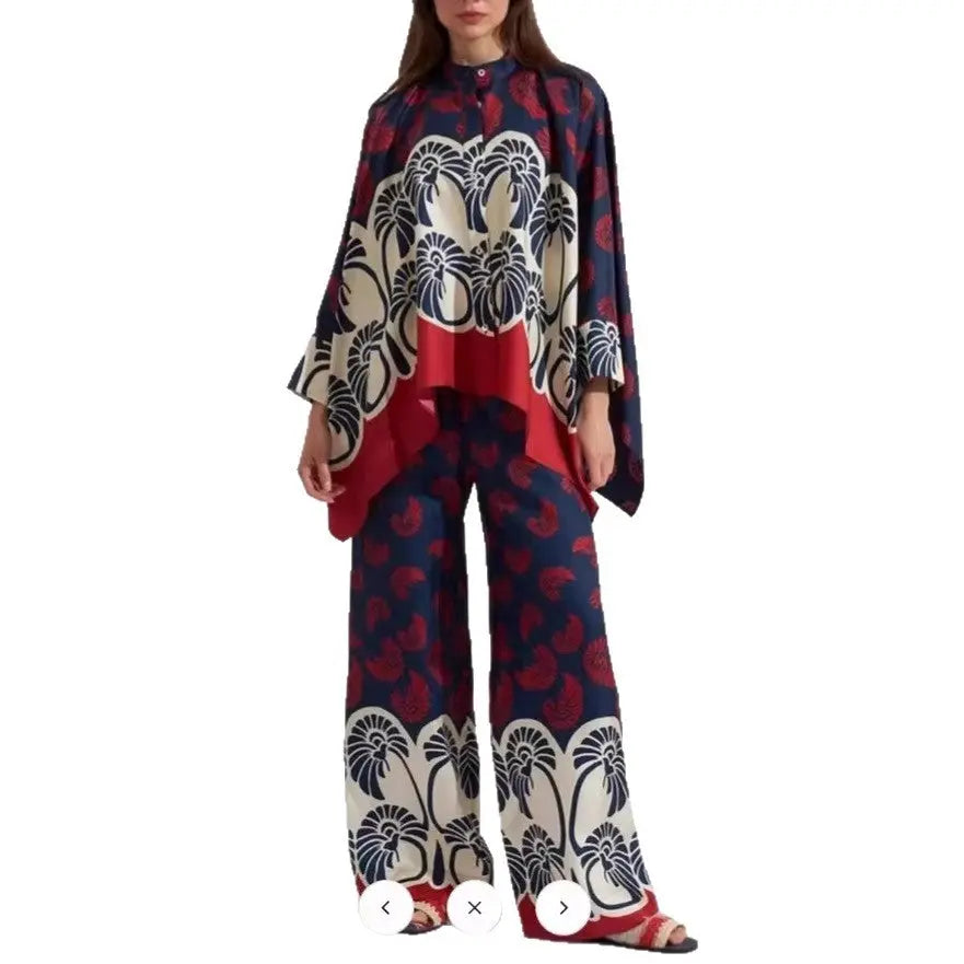 Printed Patchwork Peplum Shirt And Wide-Leg Pants Set ODMPOD