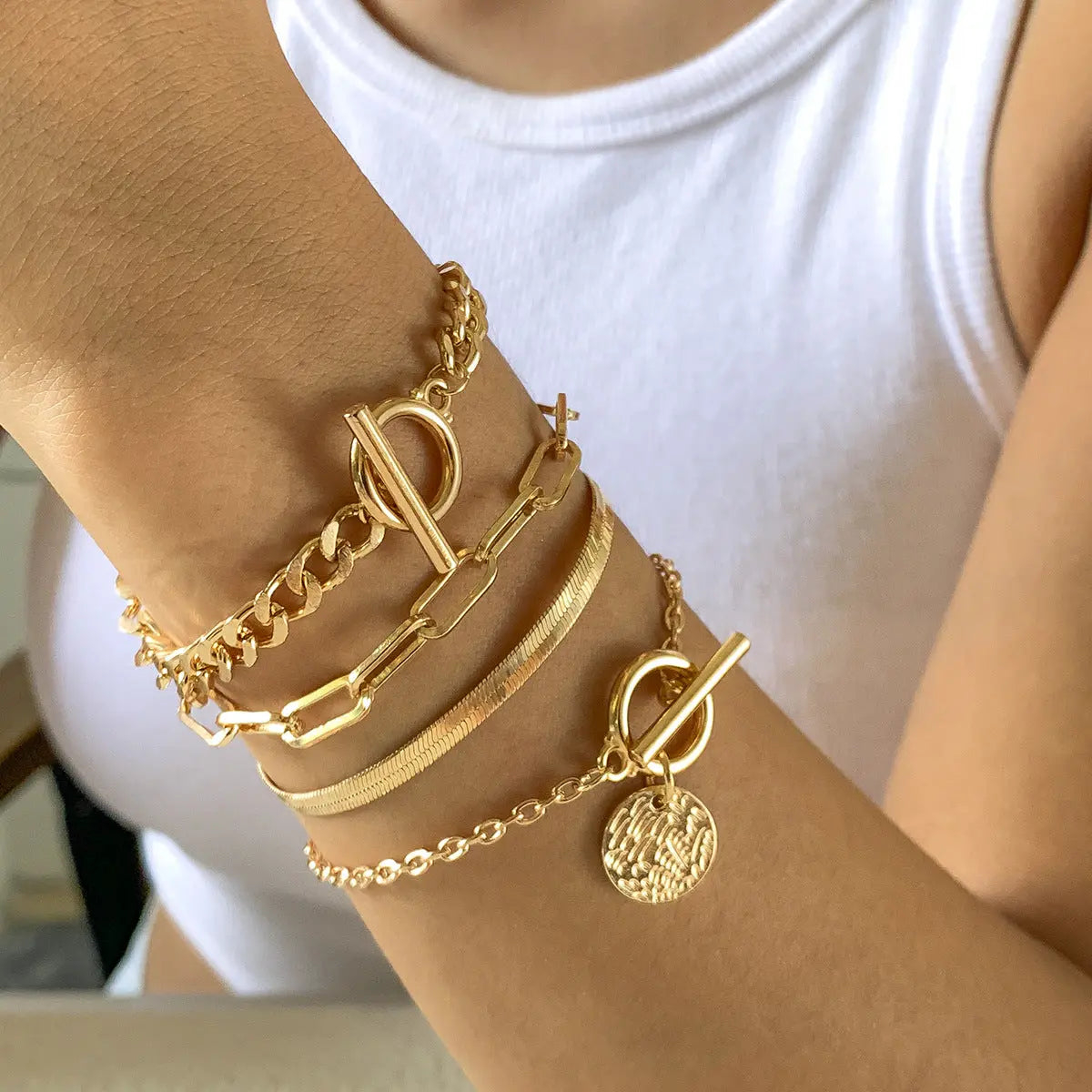 Punk Metal Chain Bracelet 4-Piece Set  Hollow Geometric Flat Snake Bone Cuff  Edgy Hip-Hop Jewelry In Gold & Silver ODMPOD