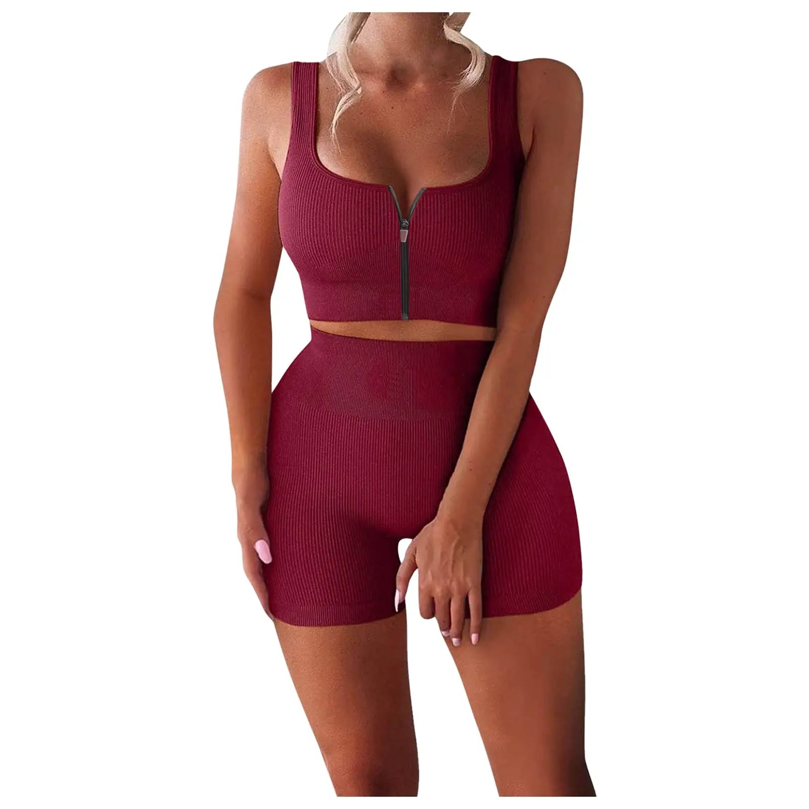 Two-piece Suit Ribbed Zipper Tank Top High Waist Shorts Yoga Suit ODMPOD